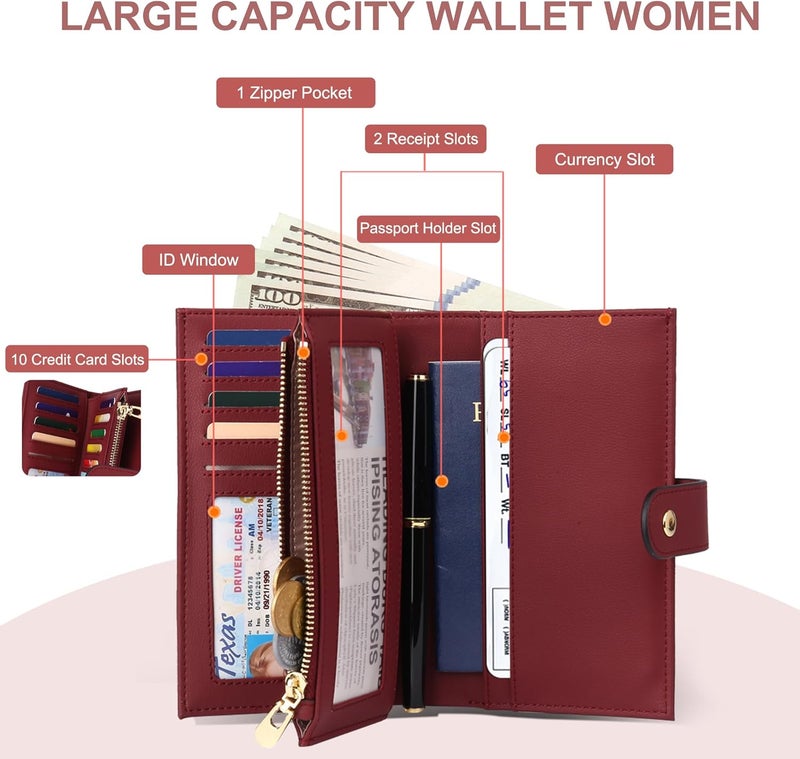yiijay Womens Wallet RFID Blocking Leather Trifold Clutch Wallet Credit Card Holder Ladies Travel Wallet Purse with Pen Holder - Image 2